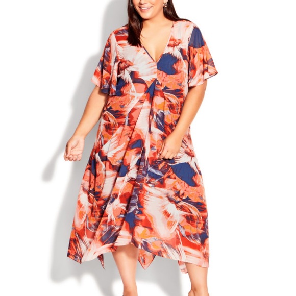 AVENUE 30/32 Dress Marina Orange Blue Abstract Floral MIDI Maxi Asym Hem - Picture 1 of 4